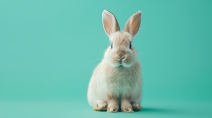 Obraz premium A cute bunny sitting on a solid pastel green background with space above for text