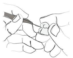 Hand drawn line art vector of a dentist working on a molar. Dental design element