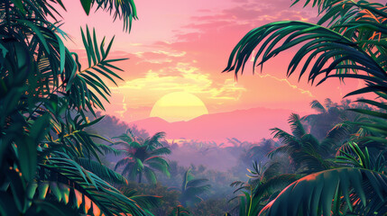 Naklejka premium Tropical summer background with palm trees, sky, and sunset