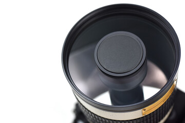 Close up of the front of Mirror Lens(or reflex lens), 500mm.  super telephoto on white background.