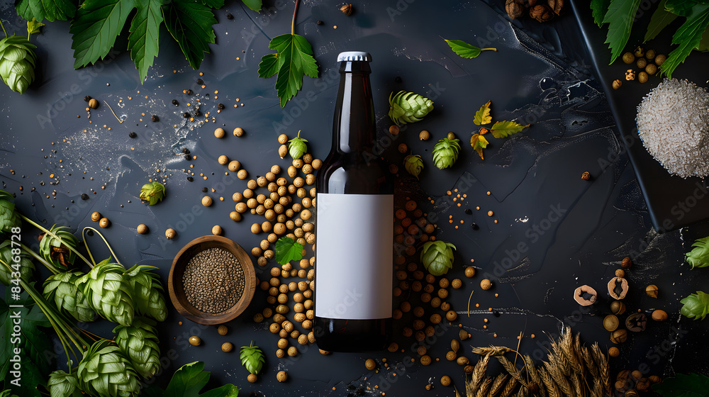 Wall mural longneck beer bottles black crown cork with a white label placed playfully between a background of ingredients to make beer hops malts