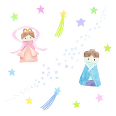 水彩絵の具で描いた七夕飾りのイラスト