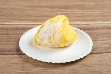 angle view piece of durian meat on a dish