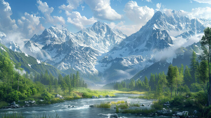 A beautiful mountain landscape with a river running through it