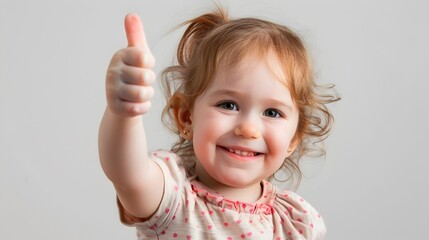 Cheerful Toddler Girl Giving Thumbs Up on White Background with Copy Space