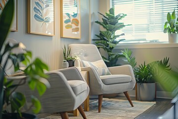 A well-lit therapy office with two comfortable chairs, a small table, and several plants. Generative AI