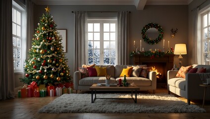 Generative AI Cozy living room with Christmas decorations and a crackling fireplace, perfect for holiday gatherings.