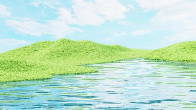 Outdoor grass and water surface products display background, 3d rendering.
