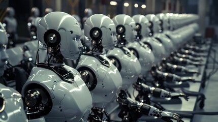 Fototapeta premium White humanoid robots are lined up in a technology industrial factory. The advanced IOT AI of the future.