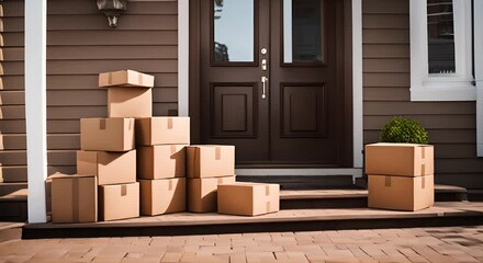 Many packages delivered to the door of the house.
