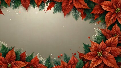 Christmas background with red and white poinsettia flowers, adding festive charm to the holiday season.