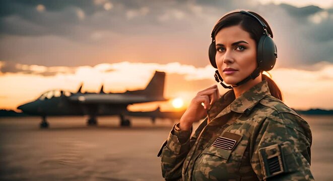 Female soldier with military equipment.