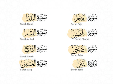 The names of the Holy Quran Surahs with a decorative background