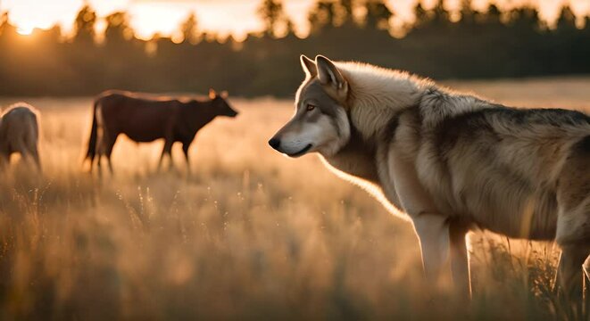Wolf looking at a herd of animals.