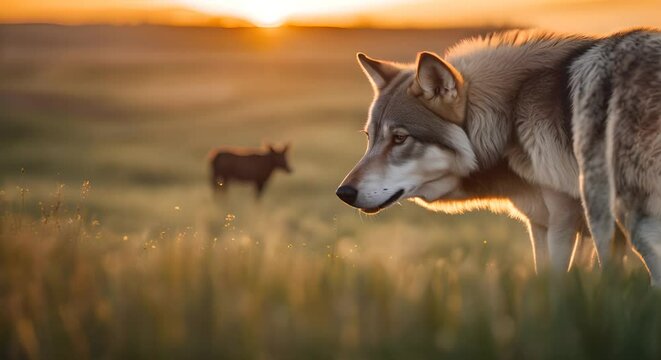 Wolf looking at a herd of animals.