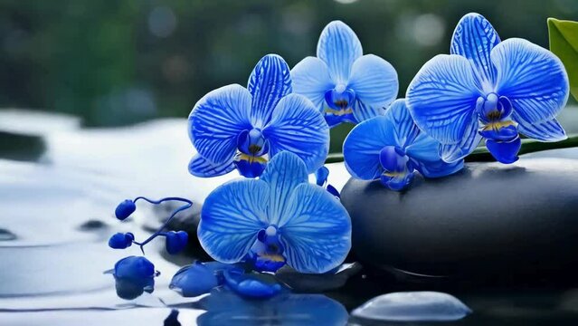 blue Orchids and spa stones balance on calm water, claming spa videos, calming ambient videos, relaxing videos, seamless looping 4k videos, youtube, stock videos, asmr videos, calming nature videos
