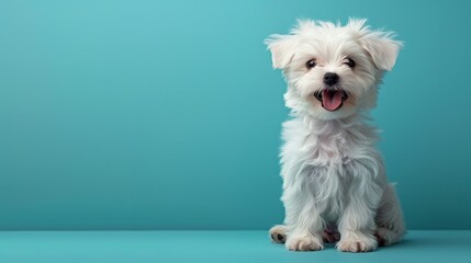 A happy Maltese puppy sitting on a solid pastel turquoise background with space above for text