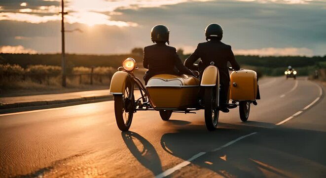 Bikers traveling by sidecar.