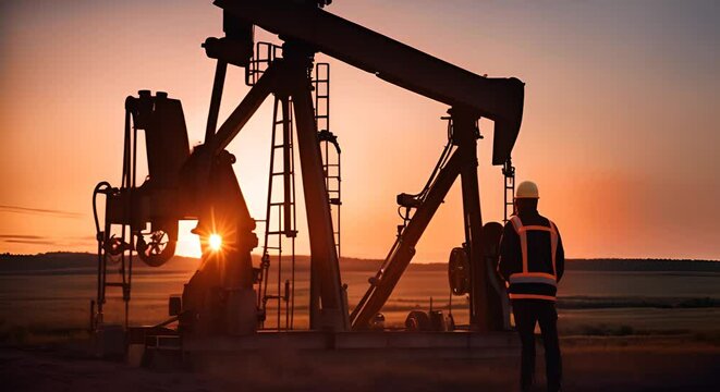 Engineer next to a pumpjack at sunset.