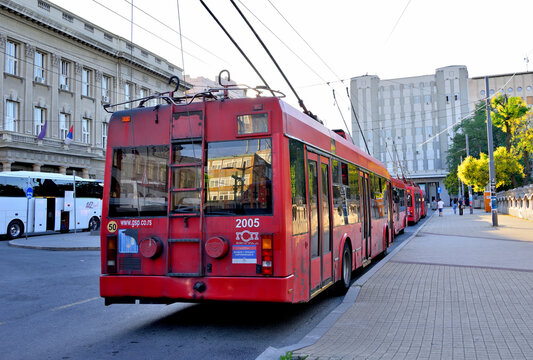 Trolleybuses of the Public Transport Company "Belgrade" (GSP Beograd) at Students Square turntable in downtown Belgrade, Serbia