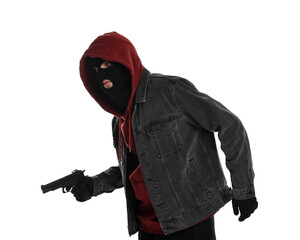 Thief in balaclava with gun on white background