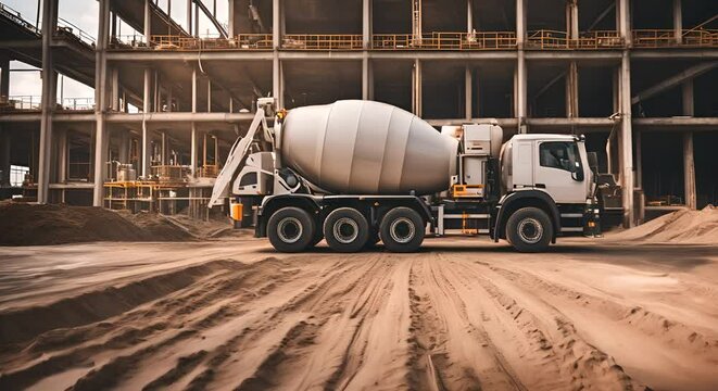 Cement truck at a construction site.