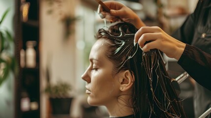 Fototapeta premium Professional Stylist Applying Hair Repair Treatment in Salon Setting