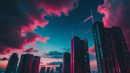 Modern cyberpunk style abstract featuring clouds and sky in a retrowave city pop aesthetic.