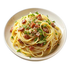 Plate of spaghetti carbonara garnished with parsley. isolated on Transparent background.