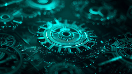 
Abstract futuristic digital technology background with gears and cogs in the style of teal color, on black. 