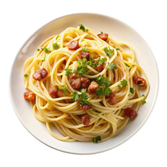 Plate of spaghetti carbonara garnished with parsley. isolated on Transparent background.