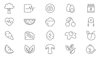Nutrition and healthy food icons set. Detox Diet, Metabolism, Caunt Calories, Palm oil free, Zero thans fat, Probiotics, vegetables line icon pack. Outline icons collection.