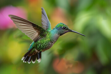 Fototapeta premium A vibrant and colorful hummingbird with its wings spread open, flying gracefully in nature. Great for wildlife and nature-themed designs or events.