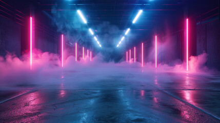 Empty dark street with neon spotlights and smoke, ideal for product displays.