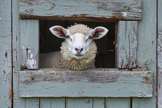 A historic landmark in the countryside of British Columbia, a ewe gazes out of a barn door at O'Keefe Ranch.