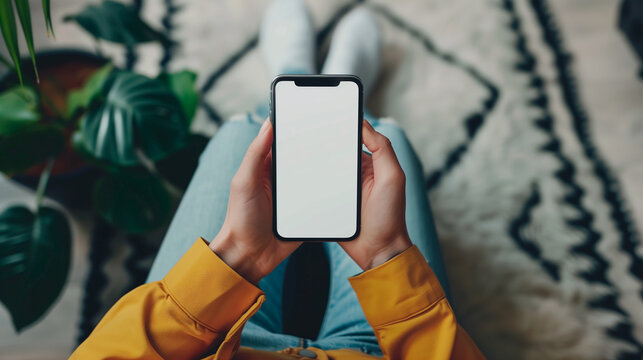 Mockup woman's hand holding using smart phone with white blank screen POV  at coffee shop, mobile app design and advertising, online marketing