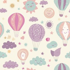 A whimsical pattern of hot air balloons, fluffy clouds, and smiling suns, in dreamy pastel tones of lavender, pink, and pale blue, floating on a light cream background