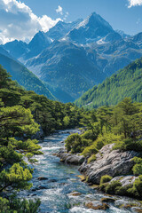 Obraz premium Explore a serene mountain valley with rugged peaks, lush forests, and winding rivers. Nature at its most magnificent.