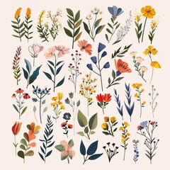 Collection meadow wildflowers and garden flowers and herbs grass, beige background
