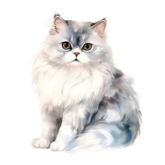 Detailed Watercolor of Elegant Persian Cat Portrait on White Background