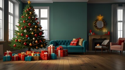 Generative AI festive Christmas tree, presents, chair, holiday atmosphere, Christmas decorations, Christmas room, warm and inviting, holiday season, festive decor, Christmas interior, Christmas presen