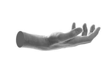 Man's hand holding something on white background. Black and white effect