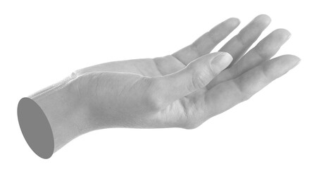 Woman's hand holding something on white background. Black and white effect