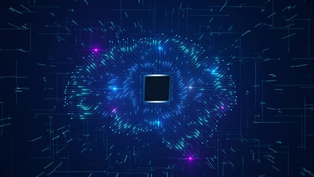 Artificial intelligence brain animation. Futuristic human brain circuit board. HUD technology. AI tech machine learning, face binary flow digital brain big data deep learning computer machine