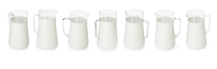 Fresh milk in jug isolated on white, set