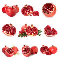 Whole and cut ripe pomegranates isolated on white, set