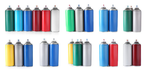 Different spray paint cans isolated on white, set