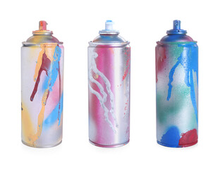 Different used spray paint cans isolated on white, set