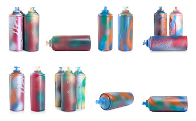 Different used spray paint cans isolated on white, set