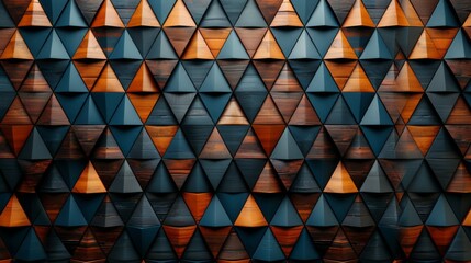 Obraz premium Abstract wallpaper featuring a pattern of blue, yellow, and orange triangles arranged on a wall.